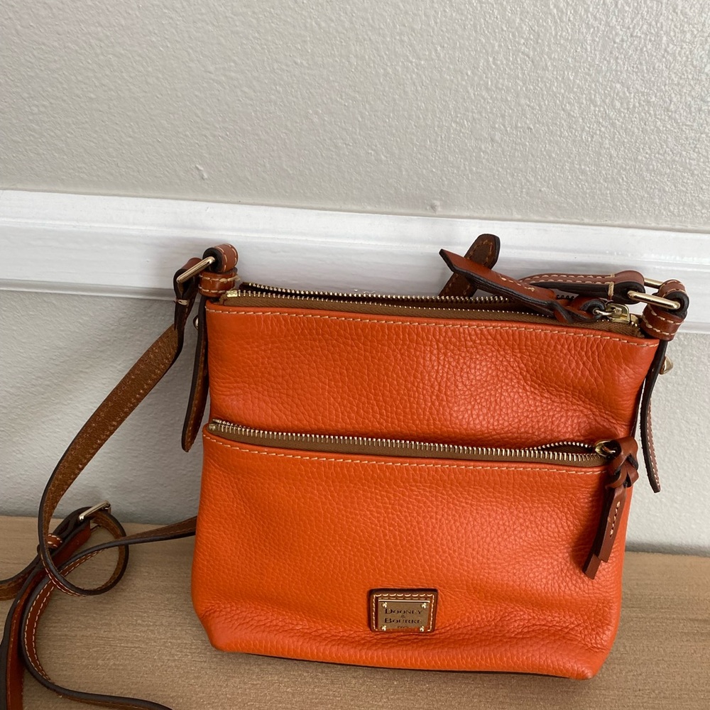 Dooney & Bourke Orange and Brown Pebble Leather Letter Carrier Crossbody Bag